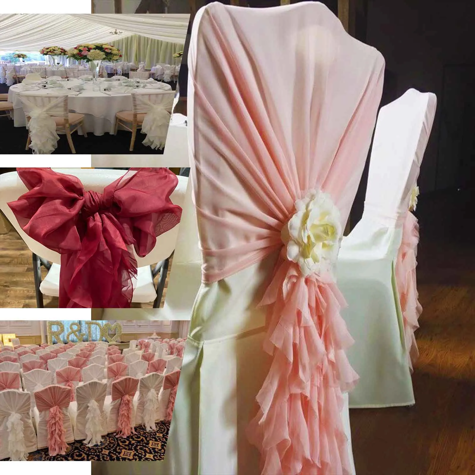 1 Set Burgundy Chiffon Hoods With Ruffles Willow Chair Sashes