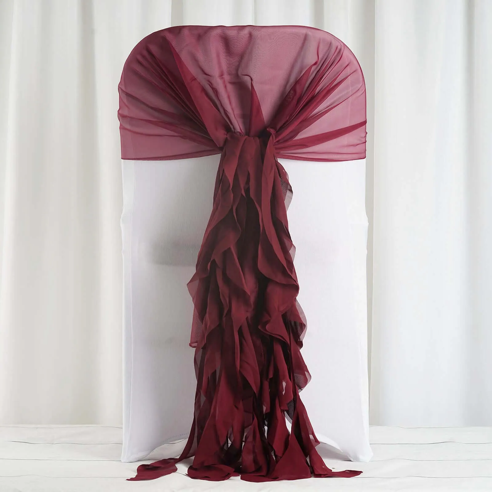 1 Set Burgundy Chiffon Hoods With Ruffles Willow Chair Sashes