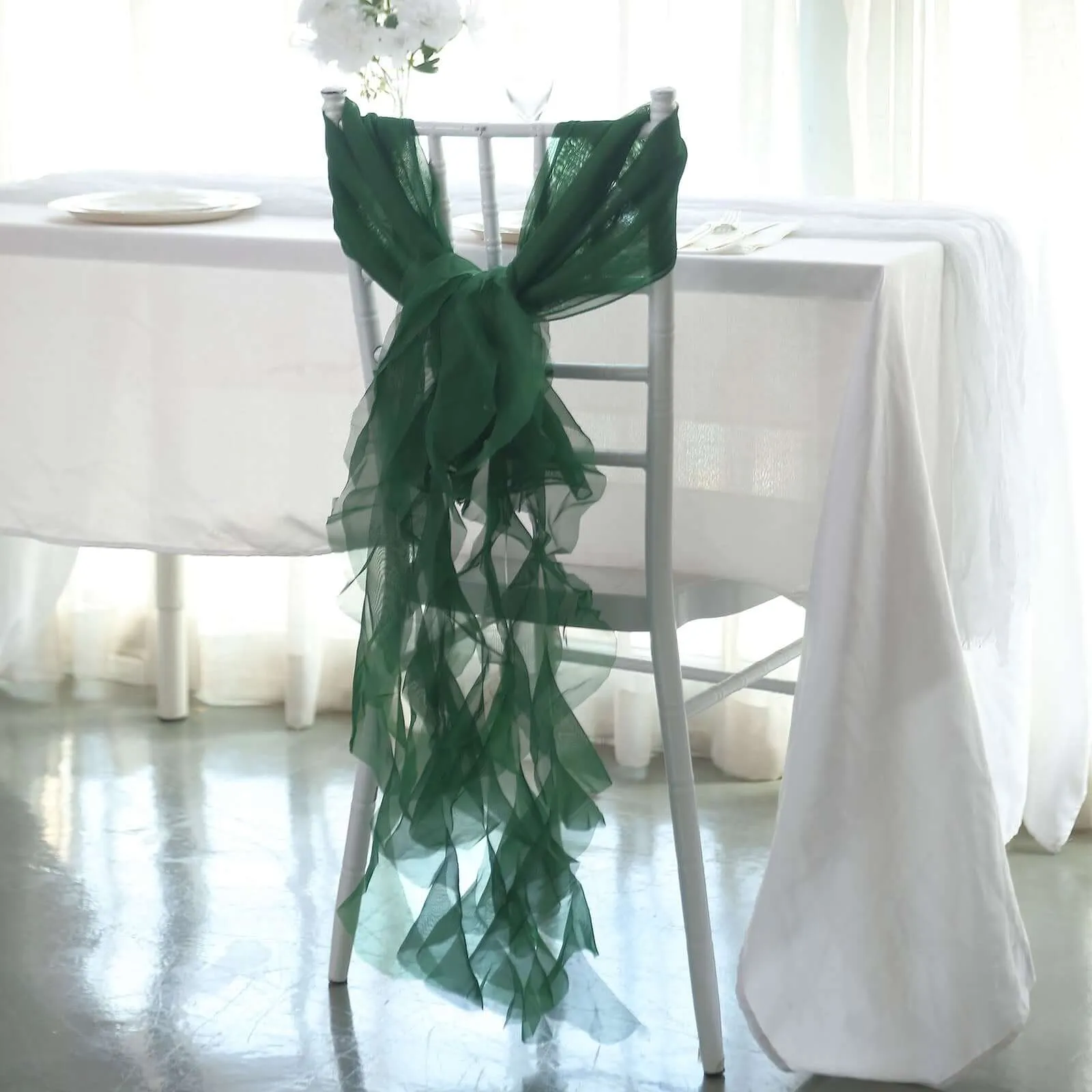 1 Set Hunter Emerald Green Chiffon Hoods With Ruffles Willow Chiffon Chair Sashes