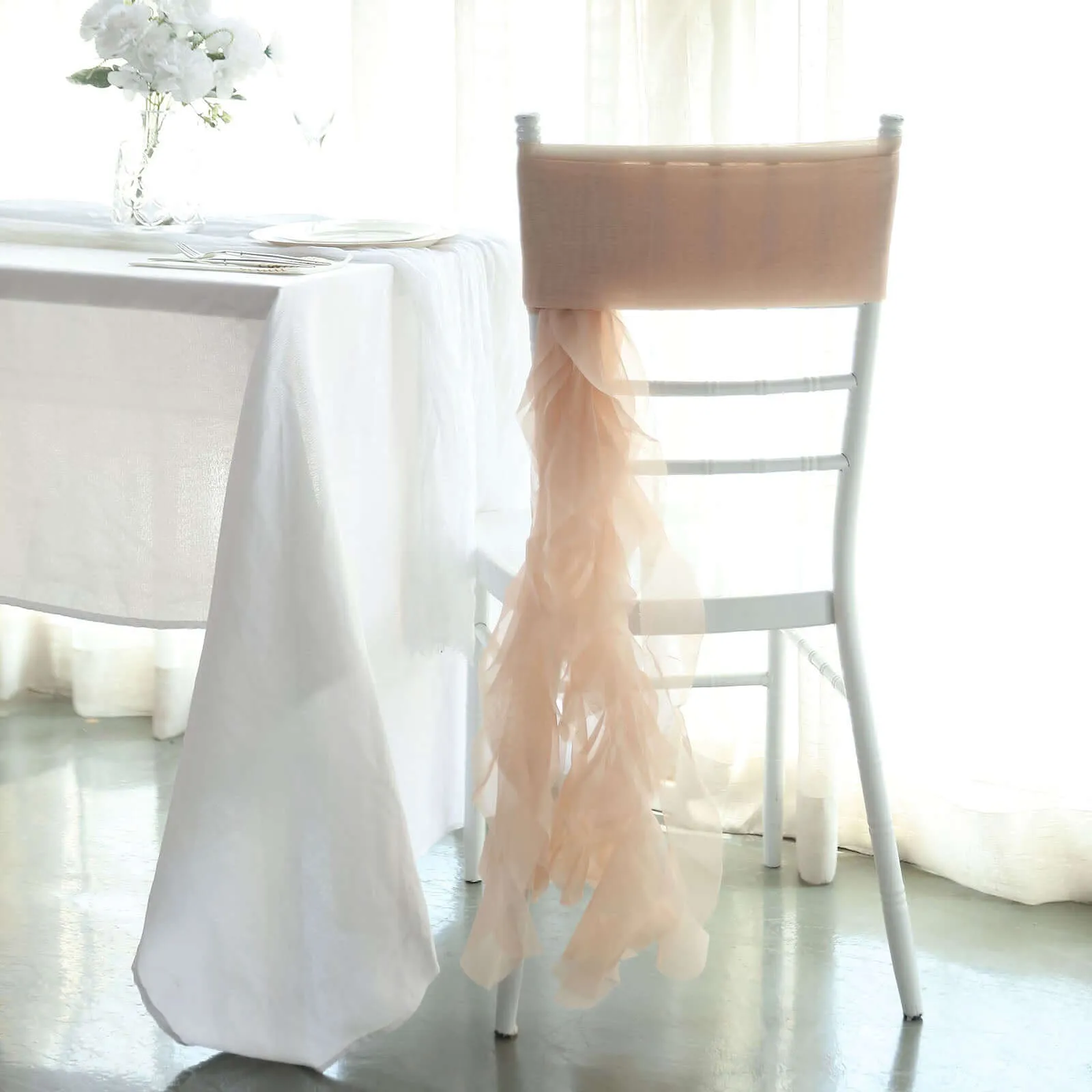 1 Set Nude Chiffon Hoods With Ruffles Willow Chiffon Chair Sashes