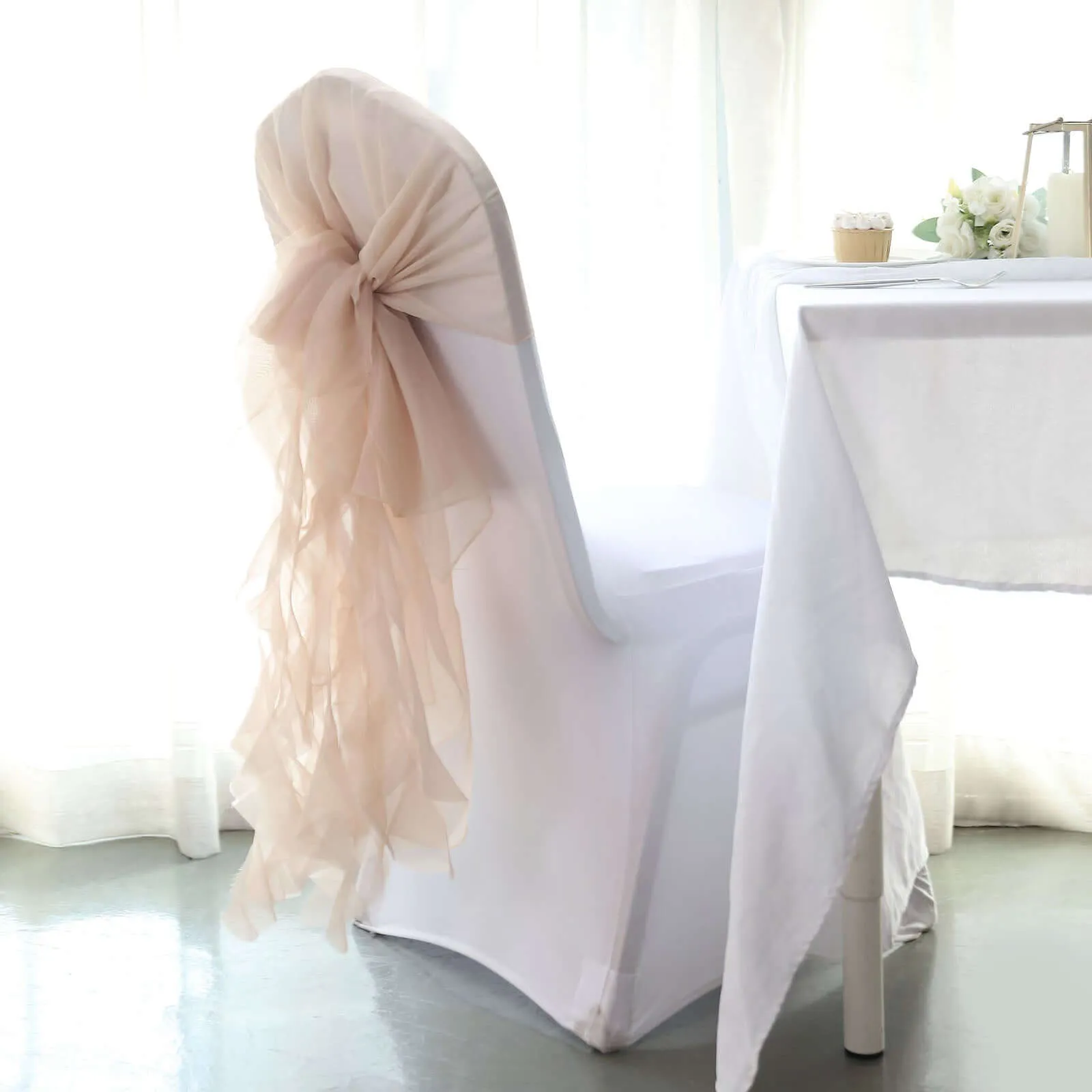 1 Set Nude Chiffon Hoods With Ruffles Willow Chiffon Chair Sashes