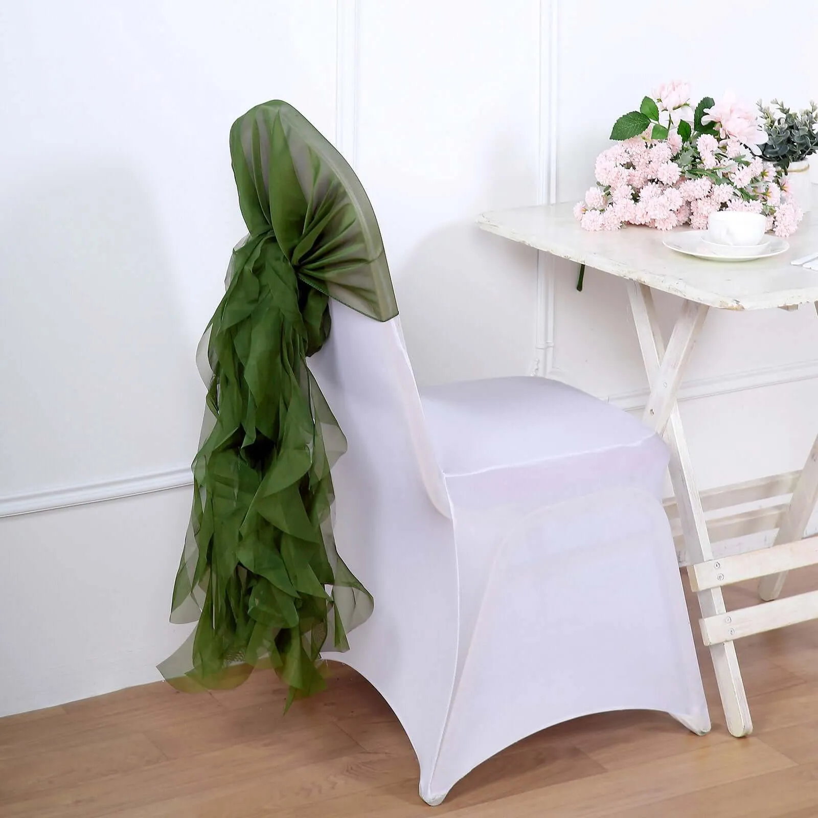 1 Set Olive Green Chiffon Hoods With Ruffles Willow Chair Sashes