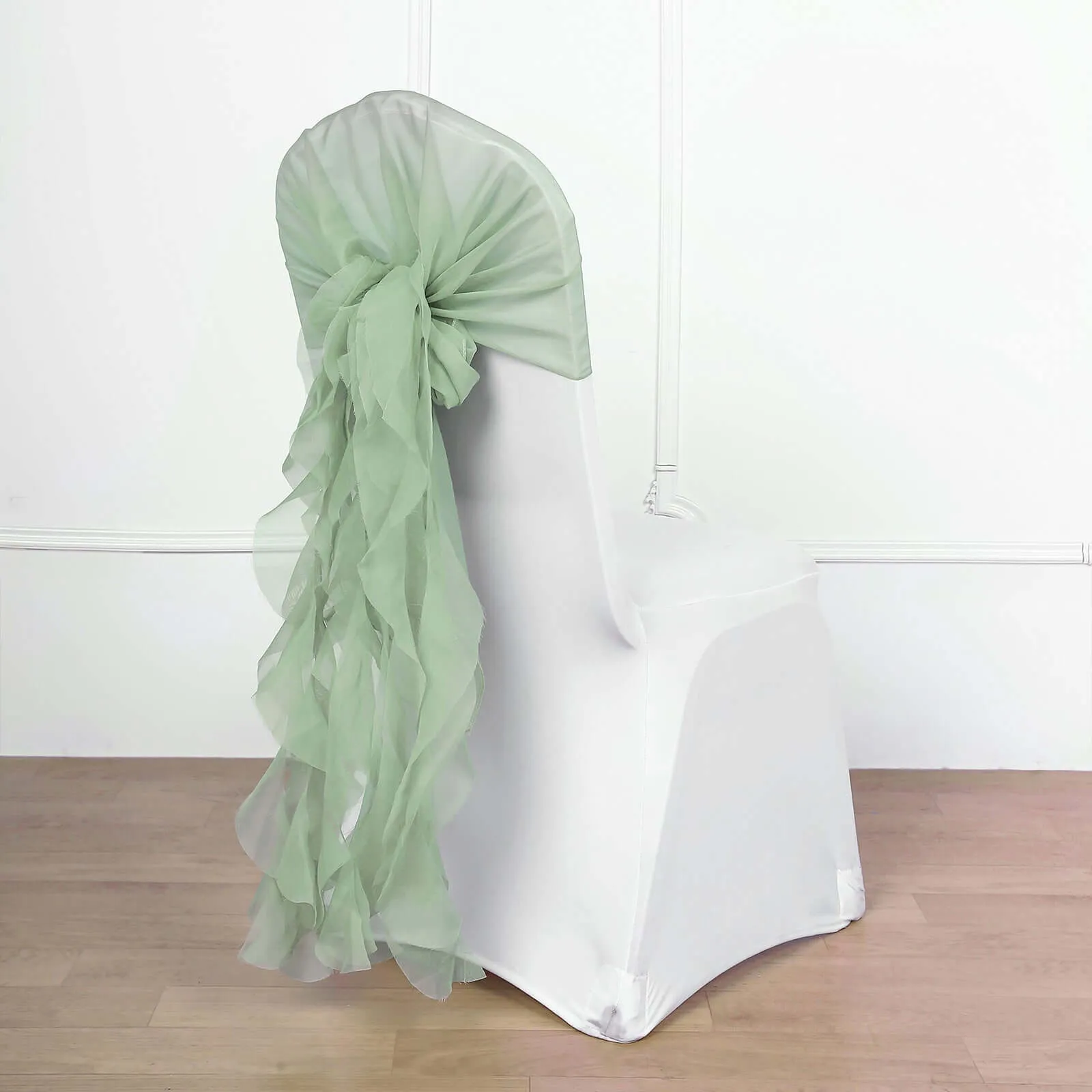 1 Set Sage Green Chiffon Hoods With Ruffles Willow Chair Sashes