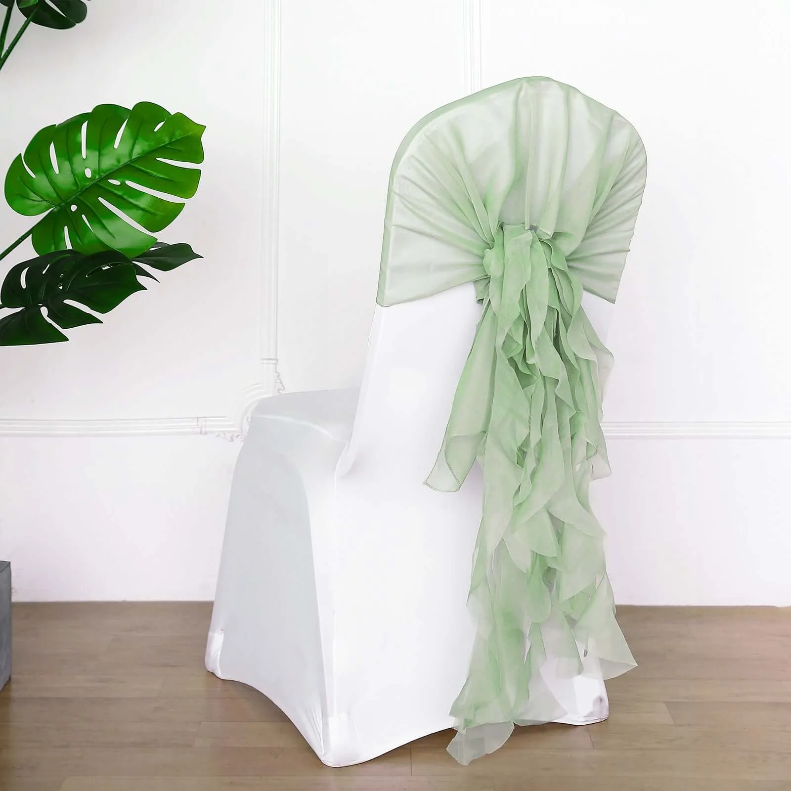 1 Set Sage Green Chiffon Hoods With Ruffles Willow Chair Sashes