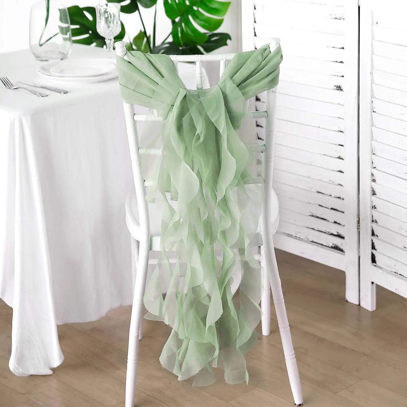 1 Set Sage Green Chiffon Hoods With Ruffles Willow Chair Sashes