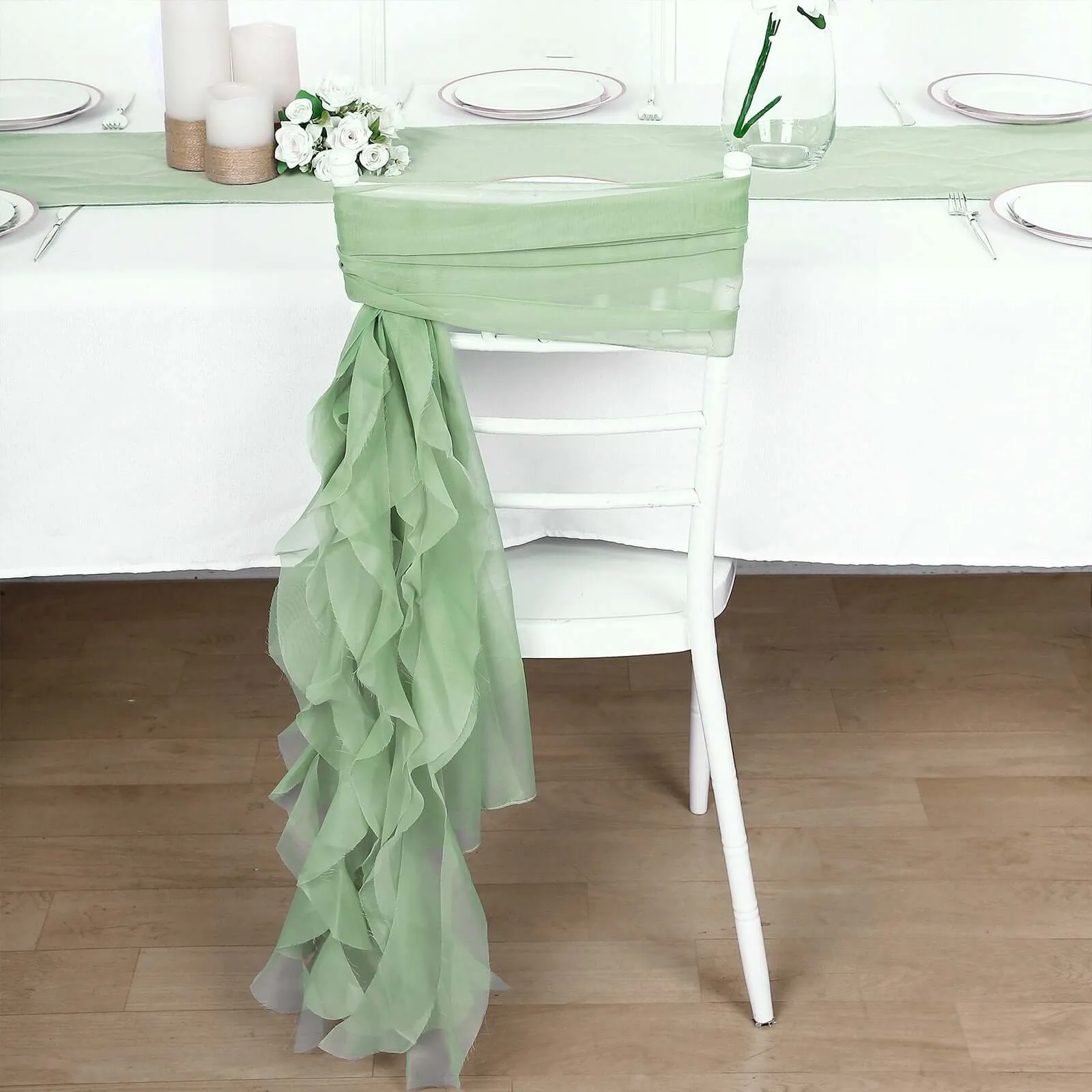 1 Set Sage Green Chiffon Hoods With Ruffles Willow Chair Sashes