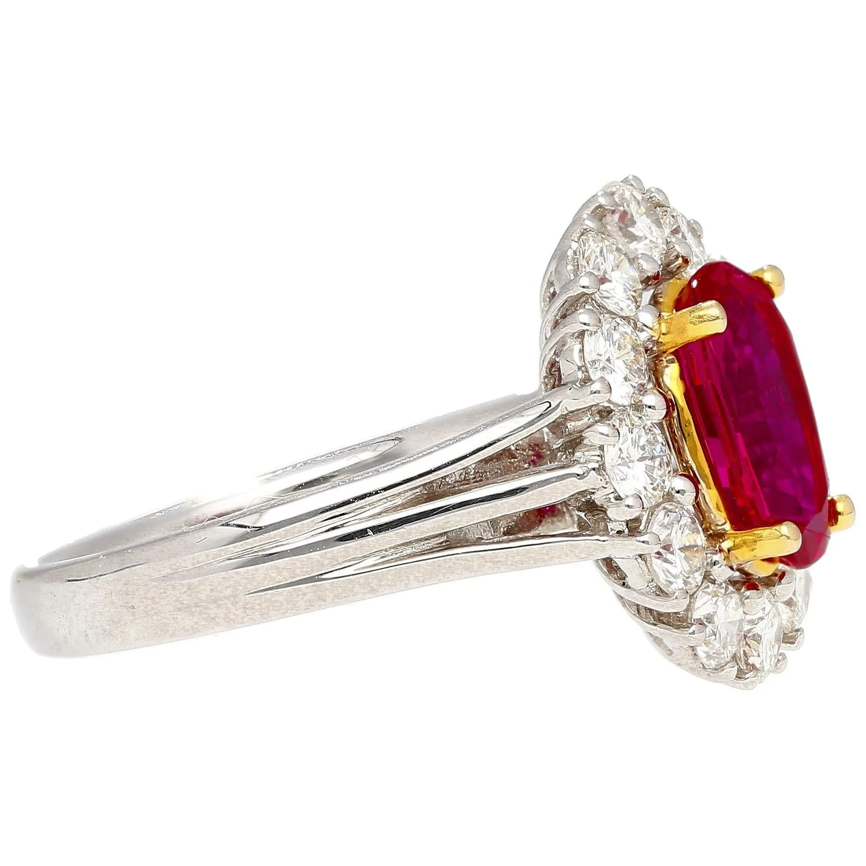 2.09 Carat Oval Cut Burma Ruby No Heat GRS Certified & Diamond Halo Platinum Ring