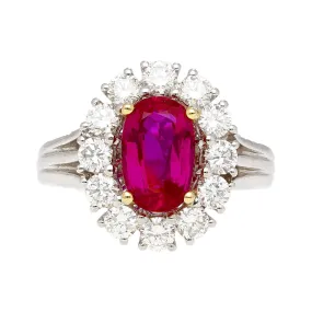 2.09 Carat Oval Cut Burma Ruby No Heat GRS Certified & Diamond Halo Platinum Ring