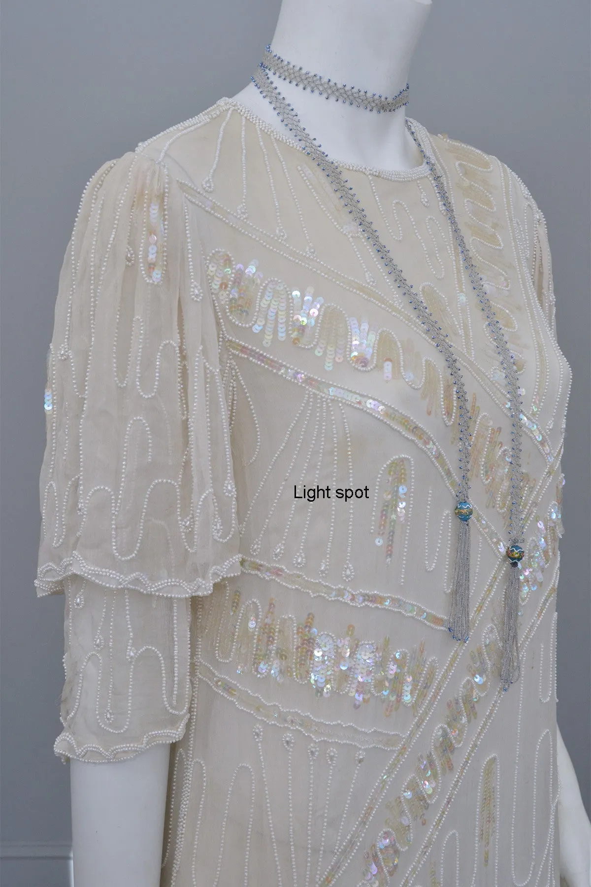 70s 20s Antique White Sequins Pearls Titanic Flapper Dress by Lillie Rubin