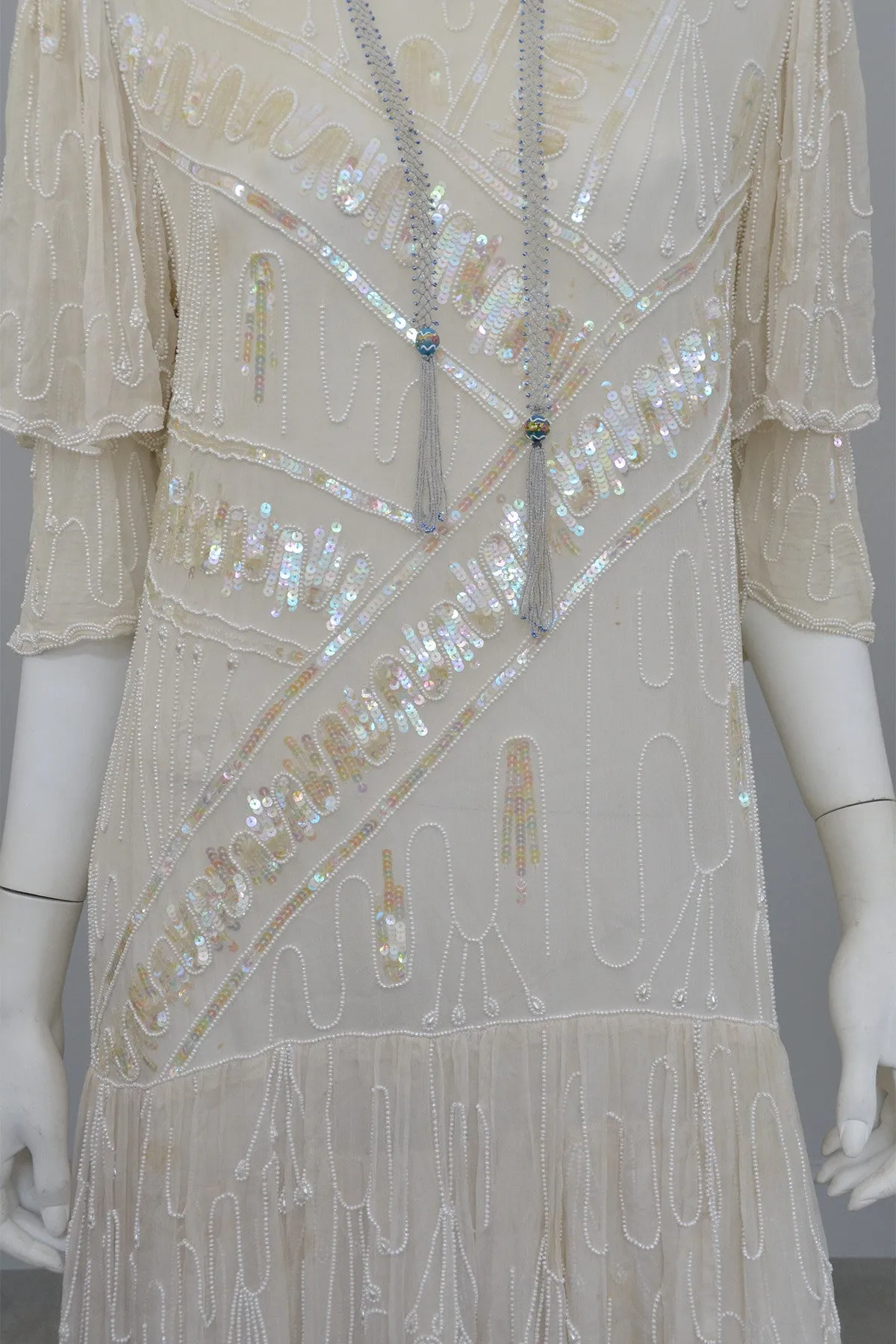 70s 20s Antique White Sequins Pearls Titanic Flapper Dress by Lillie Rubin