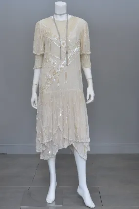 70s 20s Antique White Sequins Pearls Titanic Flapper Dress by Lillie Rubin