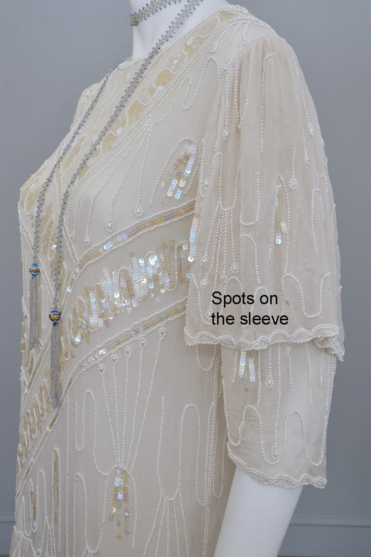 70s 20s Antique White Sequins Pearls Titanic Flapper Dress by Lillie Rubin