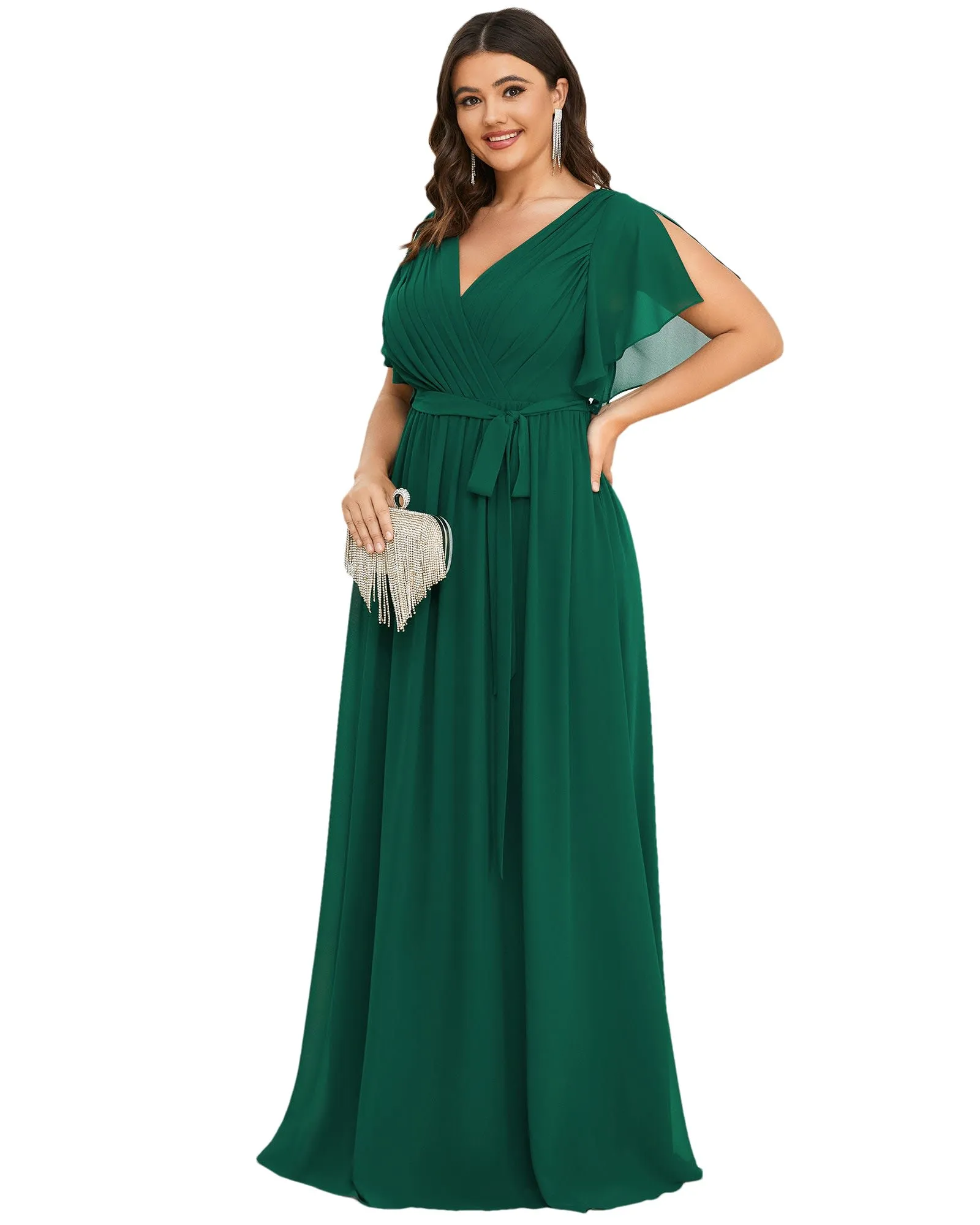 A-Line Pleated Chiffon Tie-Waist Evening Dress | Dark Green