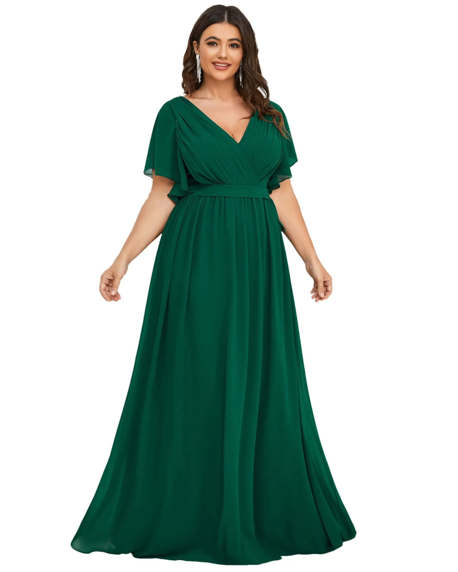 A-Line Pleated Chiffon Tie-Waist Evening Dress | Dark Green