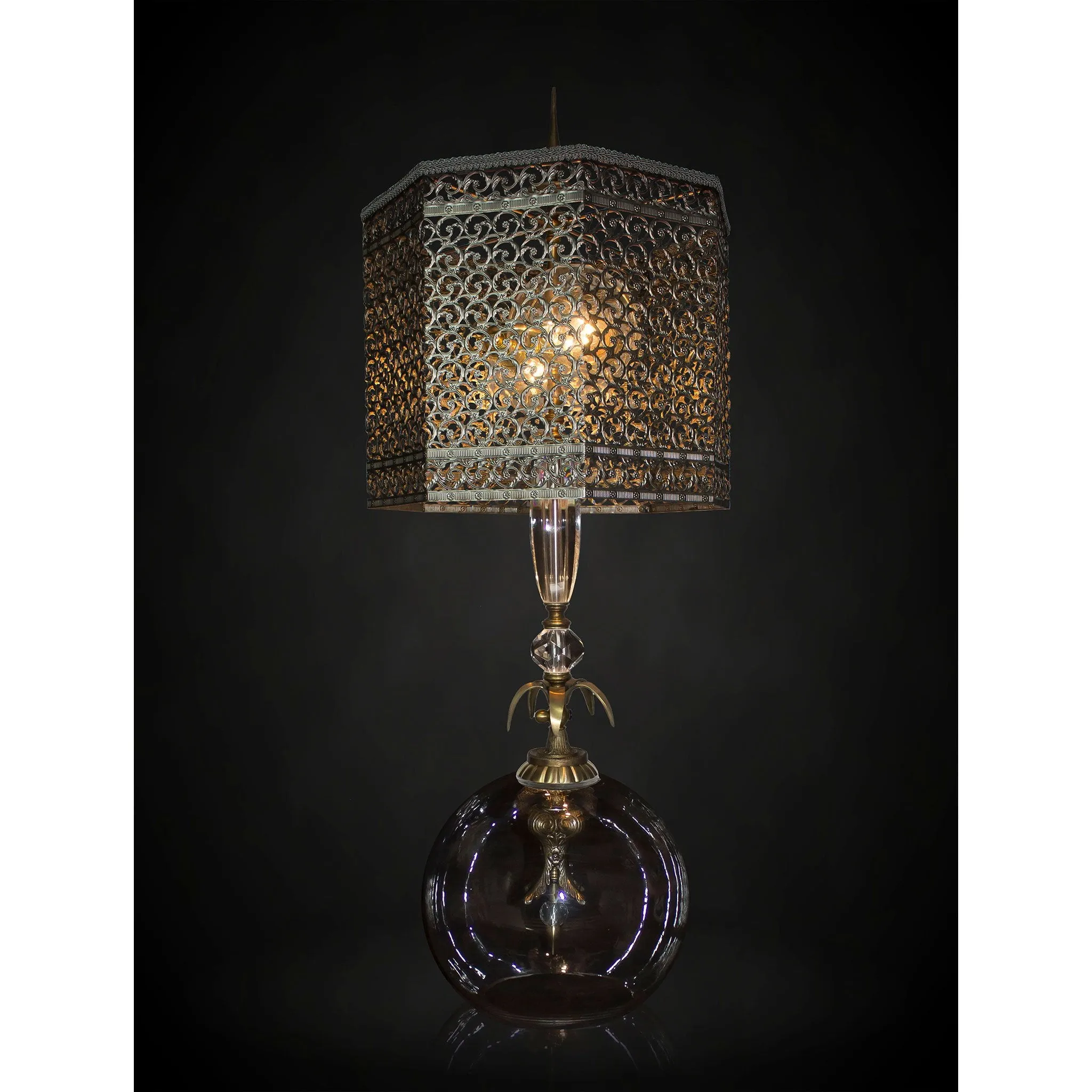 Abelie Table Lamp, Crystal Glass Base, Brass, Filigree Shade by Luna Bella