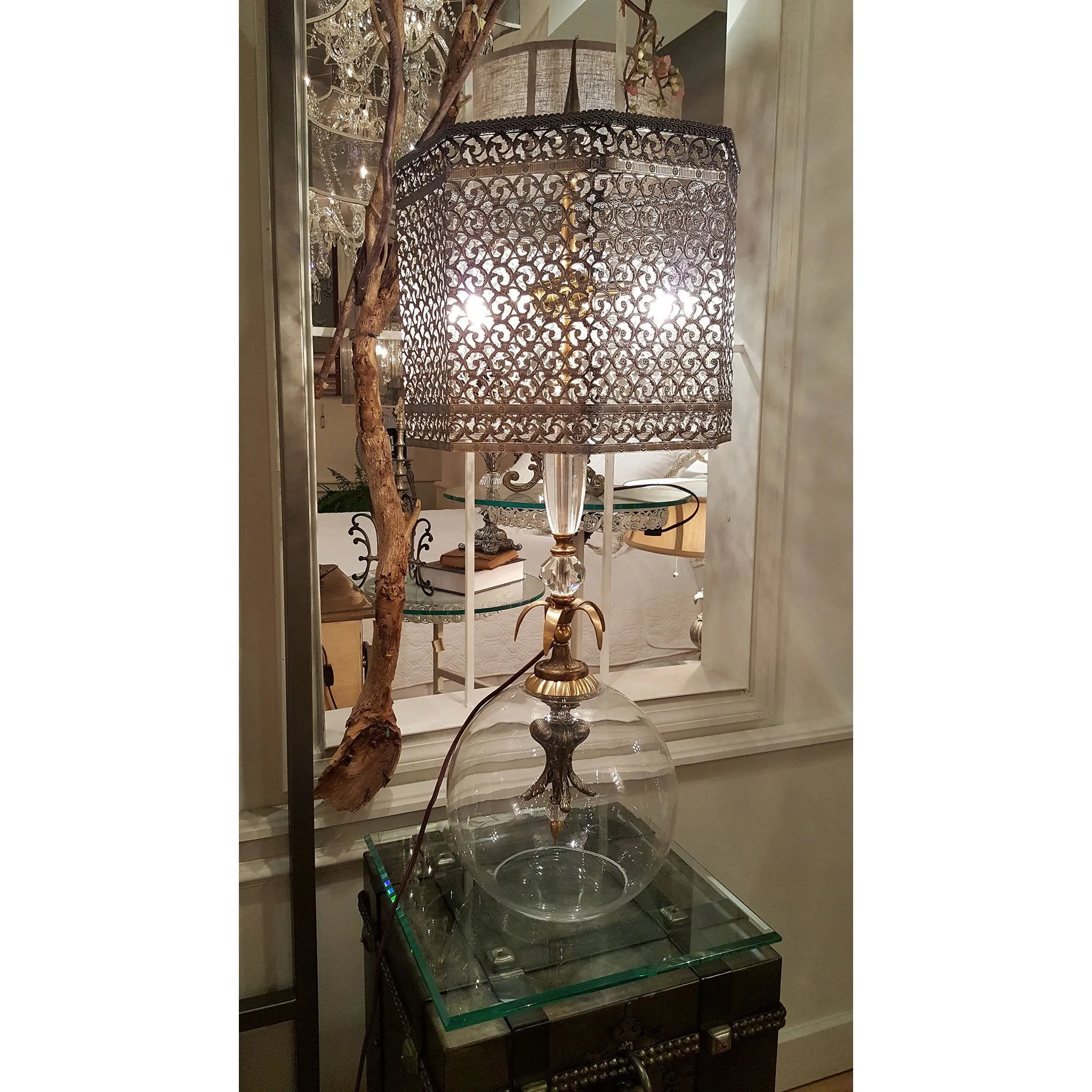 Abelie Table Lamp, Crystal Glass Base, Brass, Filigree Shade by Luna Bella