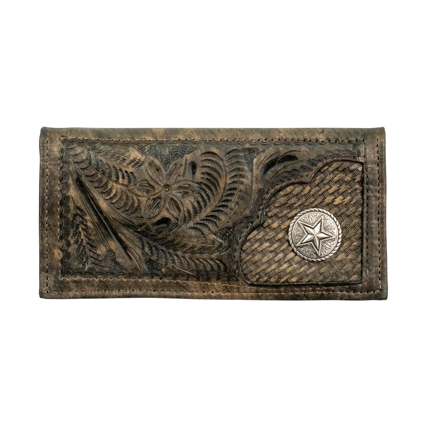 American West Mens Concho Tooled Distressed Charcoal Brown Leather Rodeo Wallet