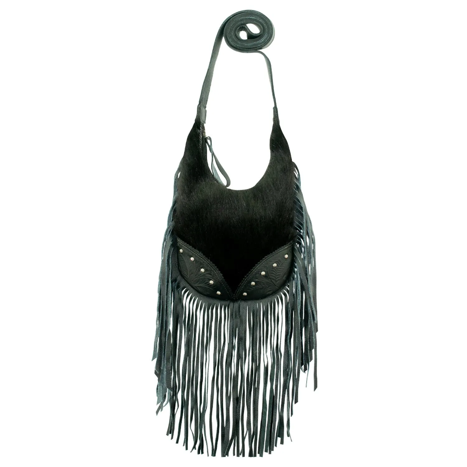 American West Womens Fringed Cowgirl Hobo Black Hair-On Leather Crossbody Bag