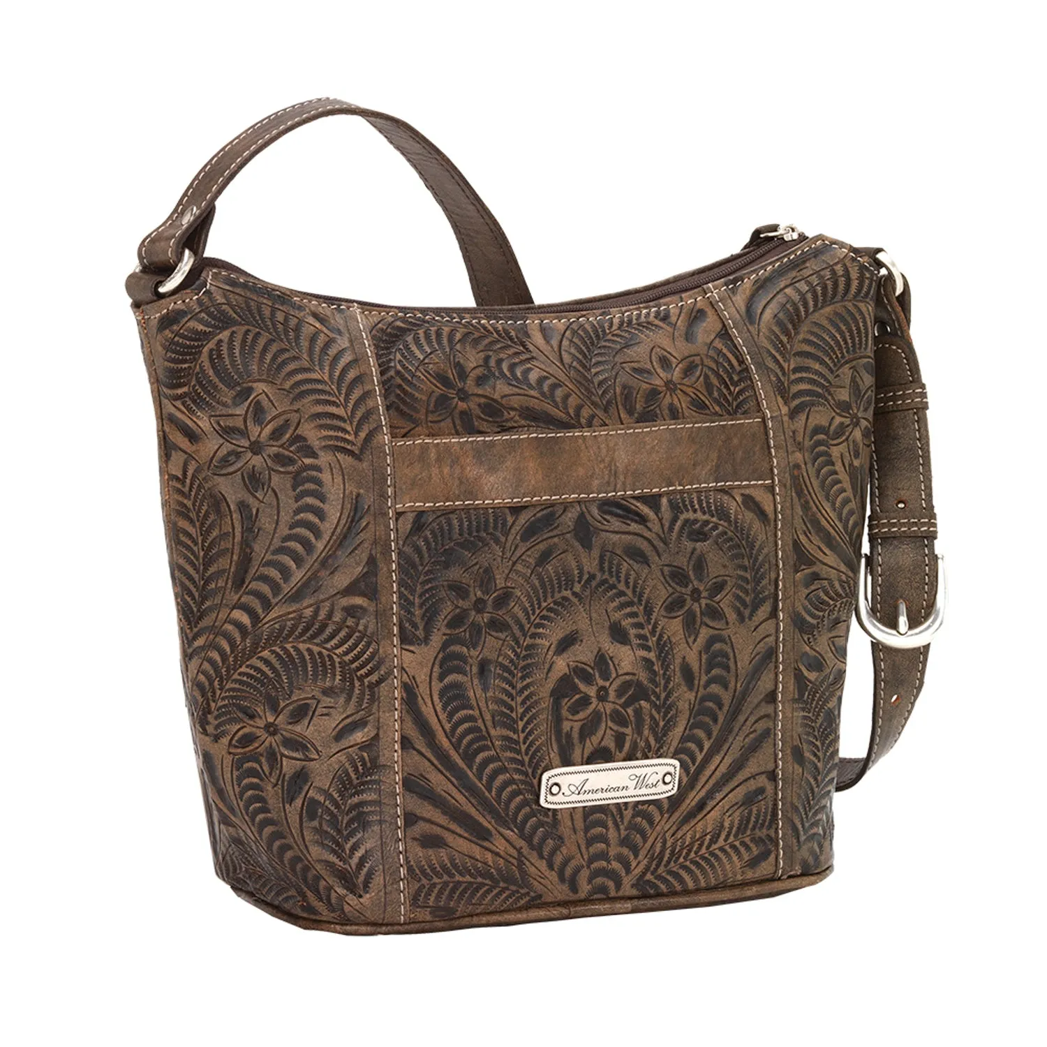 American West Womens Hill Country Distressed Charcoal Brown Leather Handbag Bag