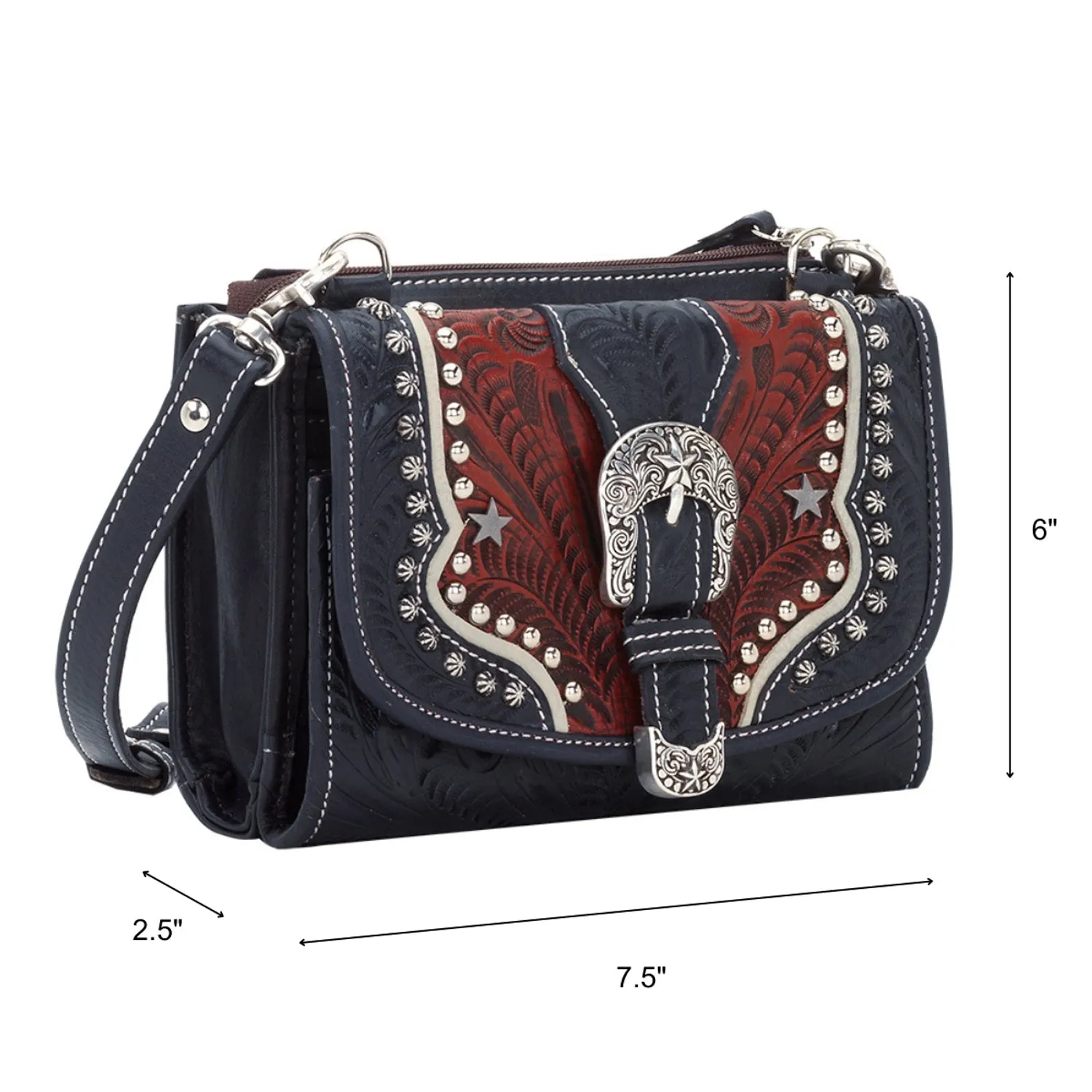 American West Womens Texas Two Step Navy Blue Leather Crossbody Bag