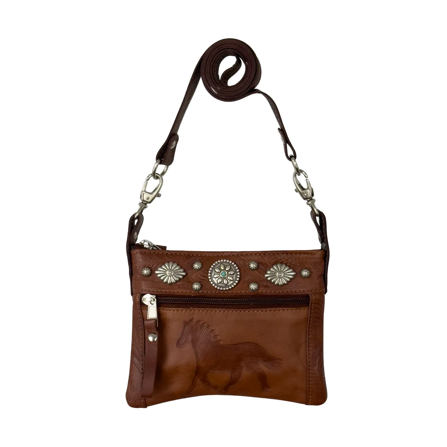 American West Womens Trail Rider 8in Medium Brown Leather Crossbody Bag