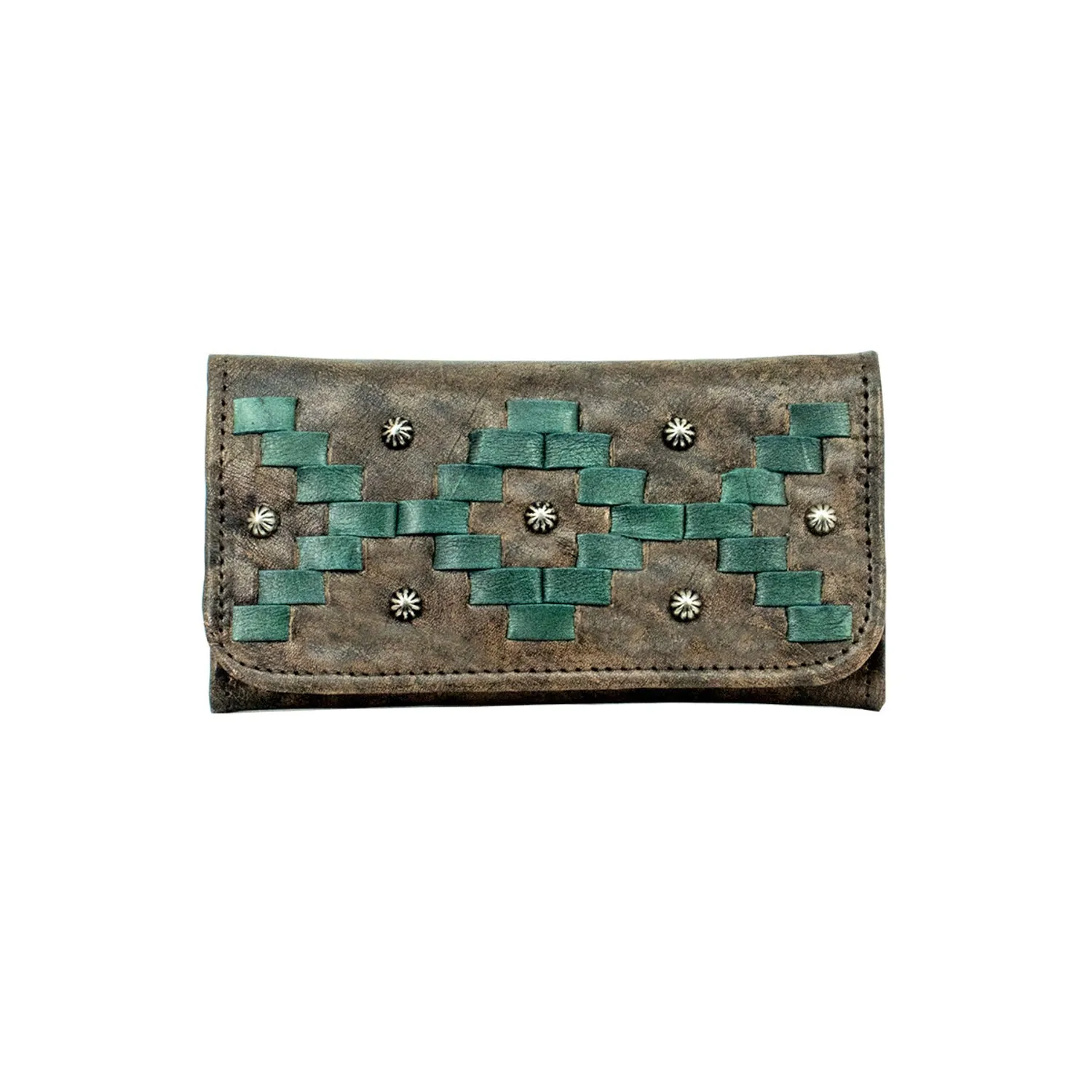 American West Womens Tribal Weave Distressed Charcoal Leather Trifold Wallet