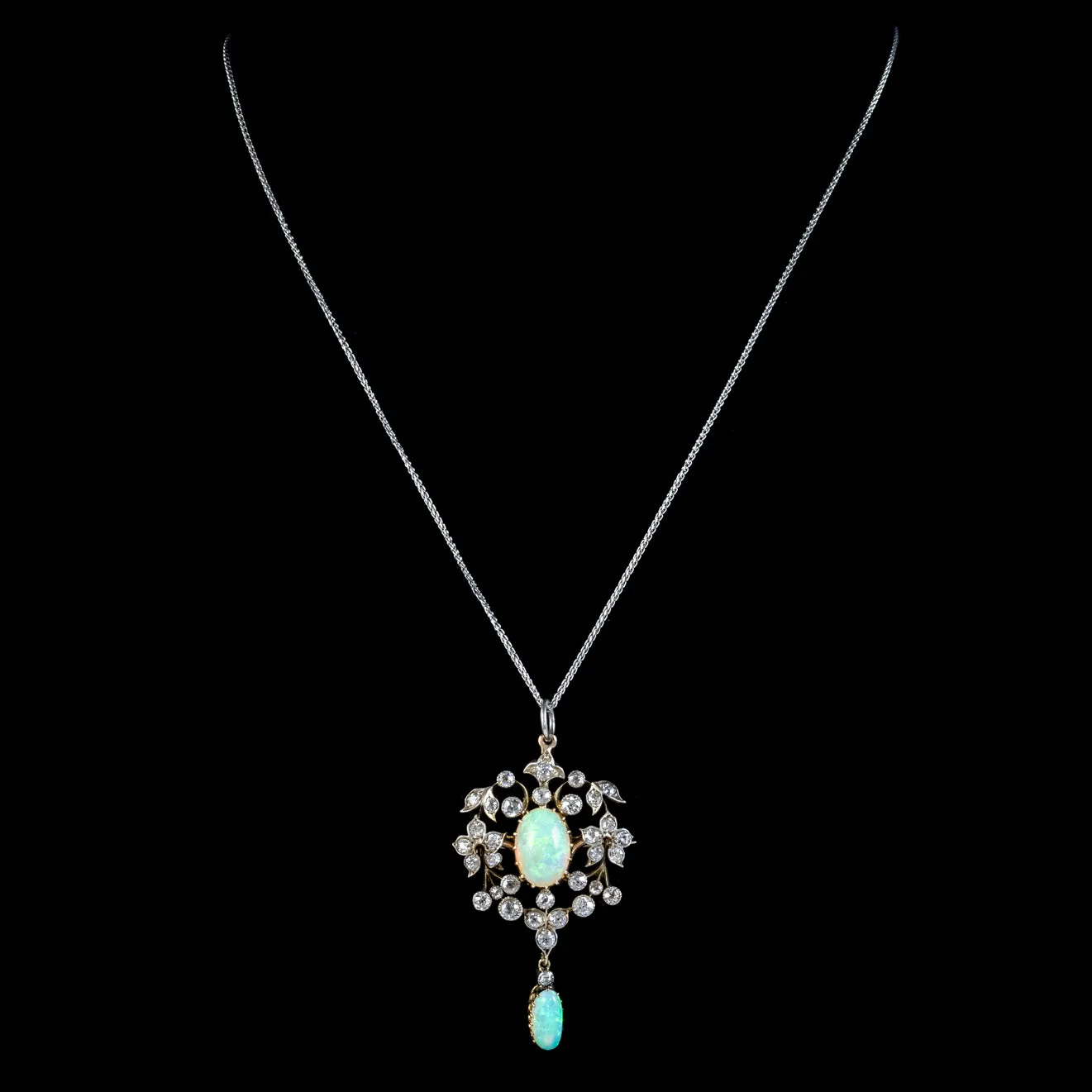 Antique Edwardian Opal Diamond Pendant Necklace Platinum 18ct Gold 2.50ct Of Diamond Circa 1905