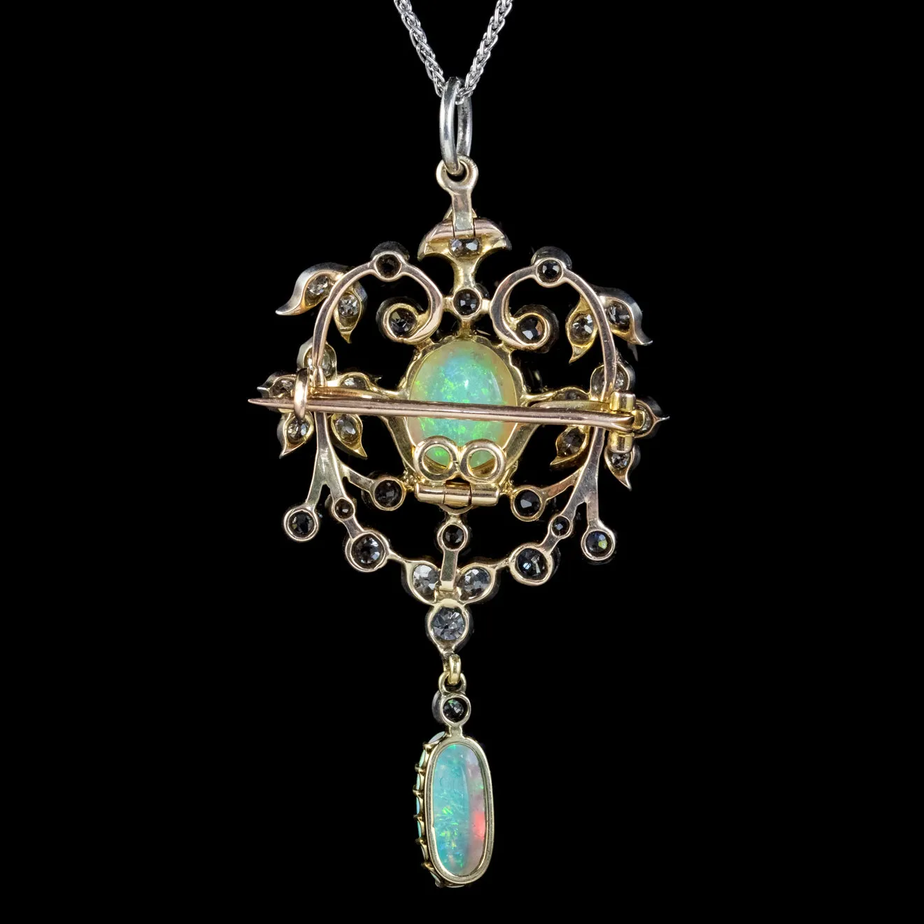 Antique Edwardian Opal Diamond Pendant Necklace Platinum 18ct Gold 2.50ct Of Diamond Circa 1905