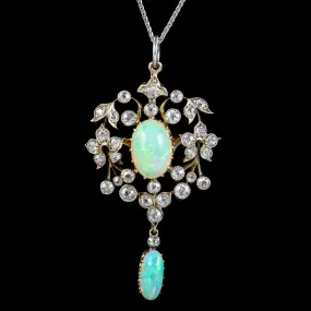 Antique Edwardian Opal Diamond Pendant Necklace Platinum 18ct Gold 2.50ct Of Diamond Circa 1905