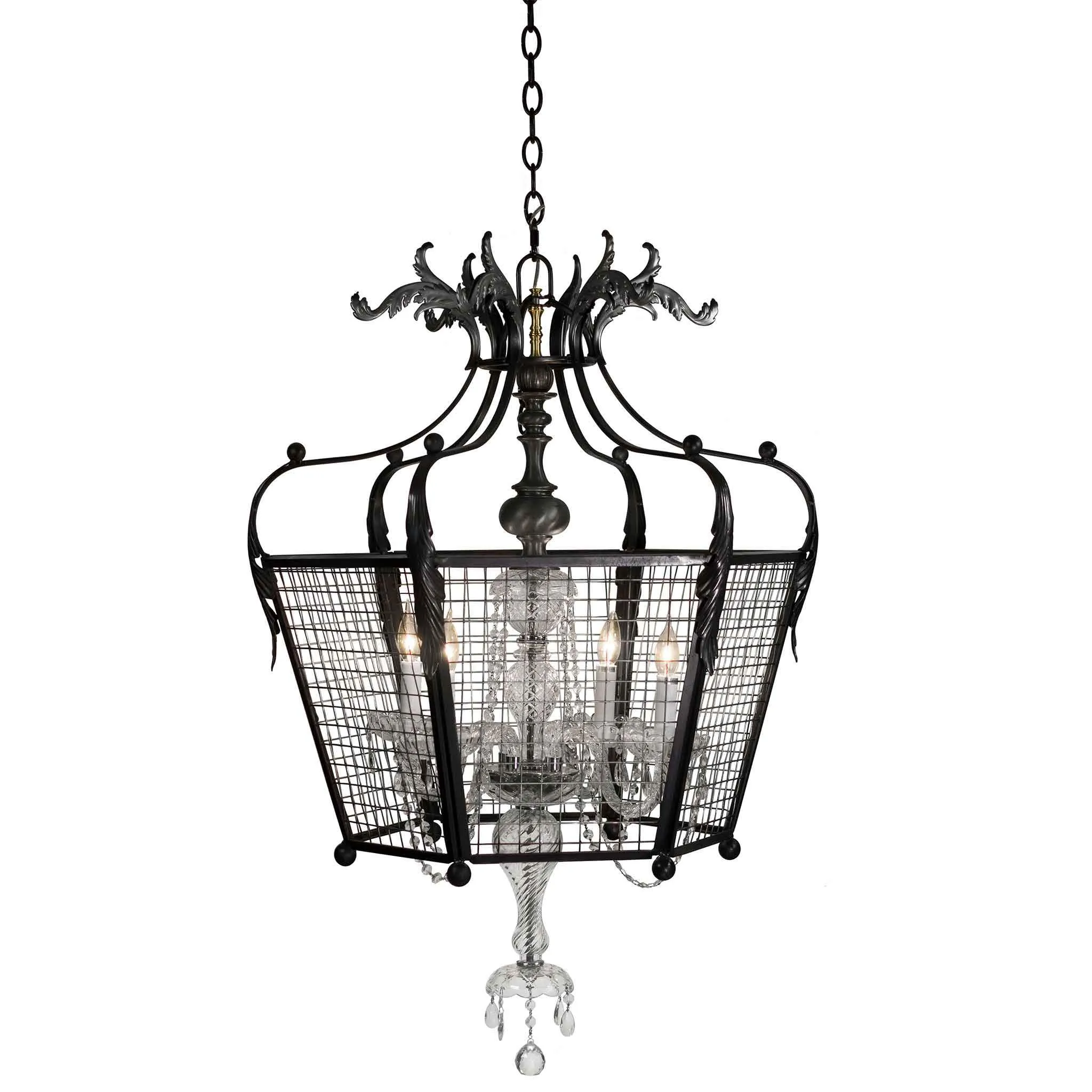 Bastille Chandelier, Five Sided, Iron, 1" Square Mesh, Blackened Steel by Luna Bella