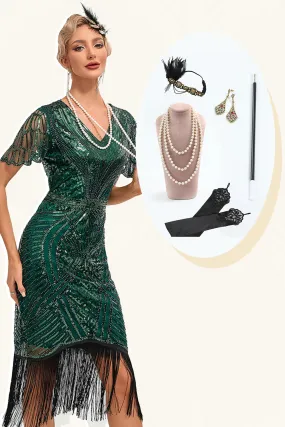 Beading Dark Green Glitter Fringes Flapper Dress with Accessories Set