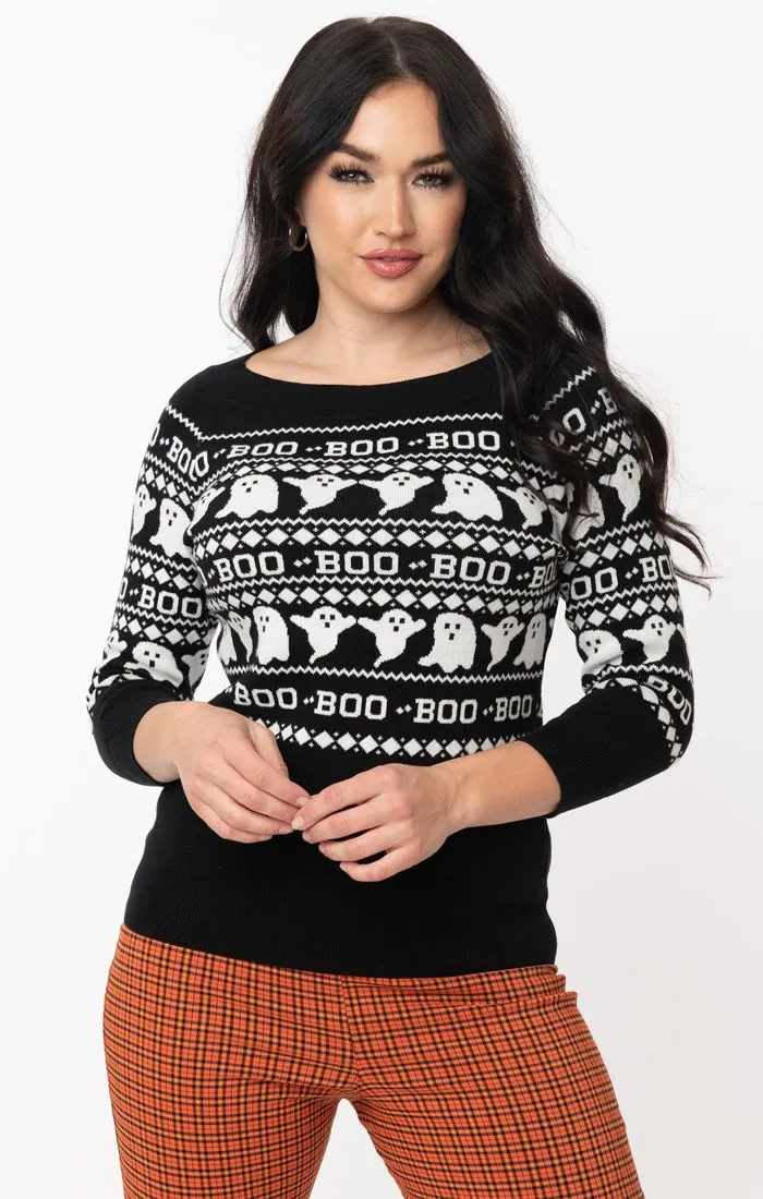 Black & White Haunted Ghosts Fair Isle Annaleigh Sweater