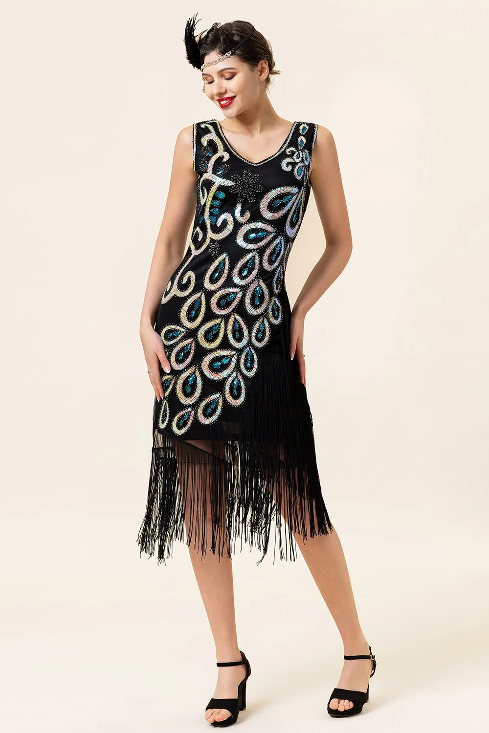 Black and Blue Sequined Fringes 1920s Gatsby Flapper Dress with 20s Accessories Set