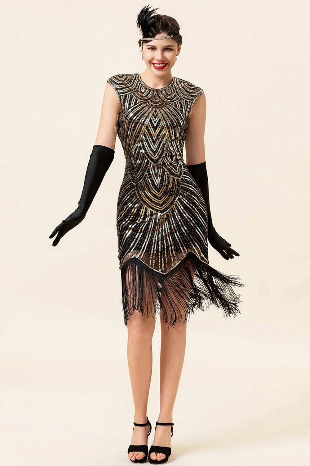 Black and Golden Cap Sleeves Sequined Fringes 1920s Gatsby Flapper Party Dress with 20s Accessories Set