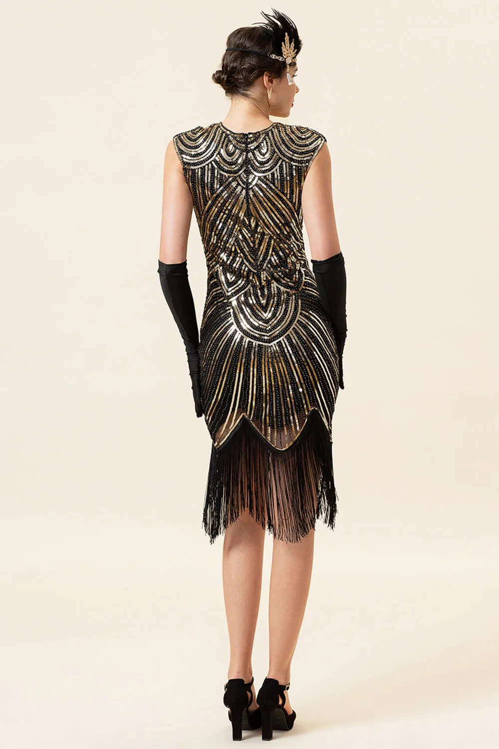 Black and Golden Cap Sleeves Sequined Fringes 1920s Gatsby Flapper Party Dress with 20s Accessories Set