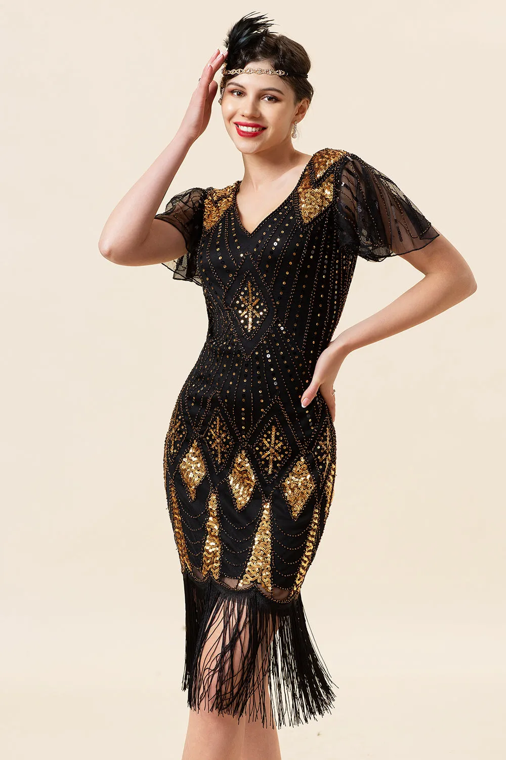 Black and Golden Sequins Fringes 1920s Gatsby Dress with 20s Accessories Set