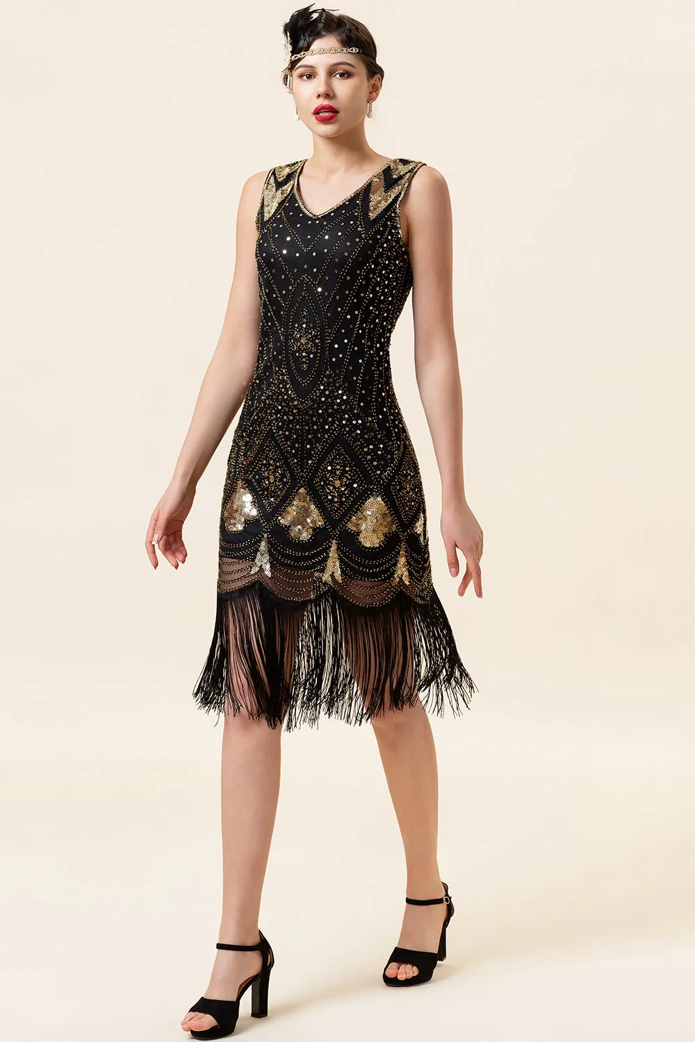 Black and Golden Sequins Fringes 1920s Gatsby Flapper Dress with 20s Accessories Set