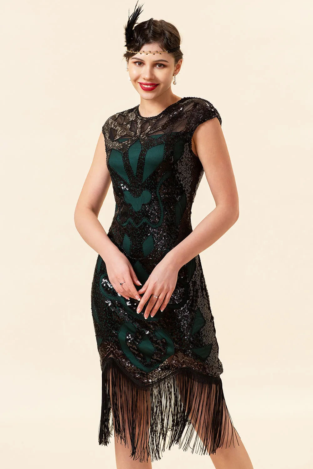 Black and Green Sequined Fringes 1920s Gatsby Flapper Party Dress with 20s Accessories Set