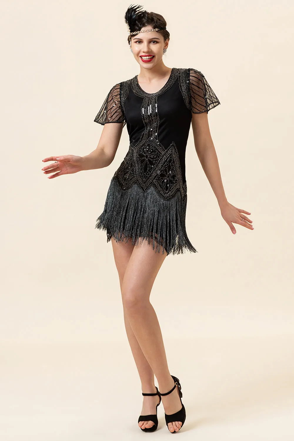 Black Beading Fringes Flapper Dress with 1920s Accessories Set