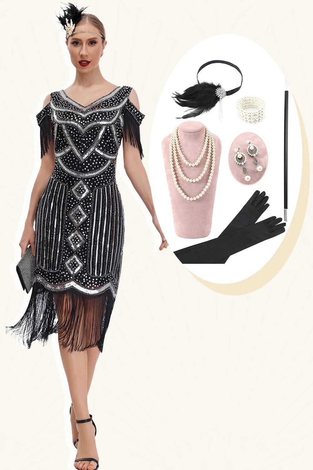 Black Golden Cold Shoulder Fringes 1920s Gatsby Dress with 20s Accessories Set