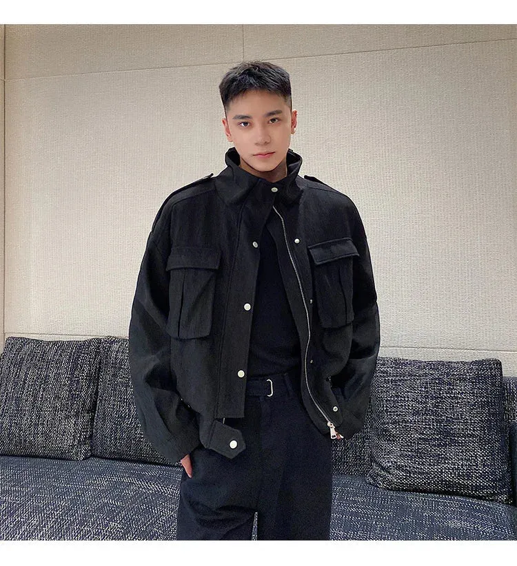 Bonsir -  Texture Spring Pleated Fabric Stand Collar Men's Short Coat New Fashion Three-dimensional Bag Korean Trendyjackets