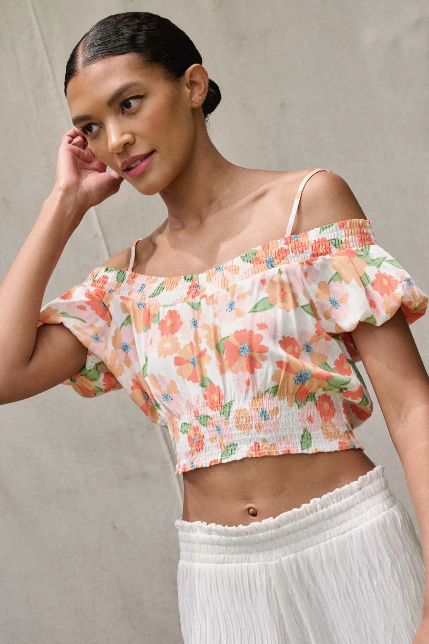 Bright Blooms Smocked Floral Cold Shoulder Top