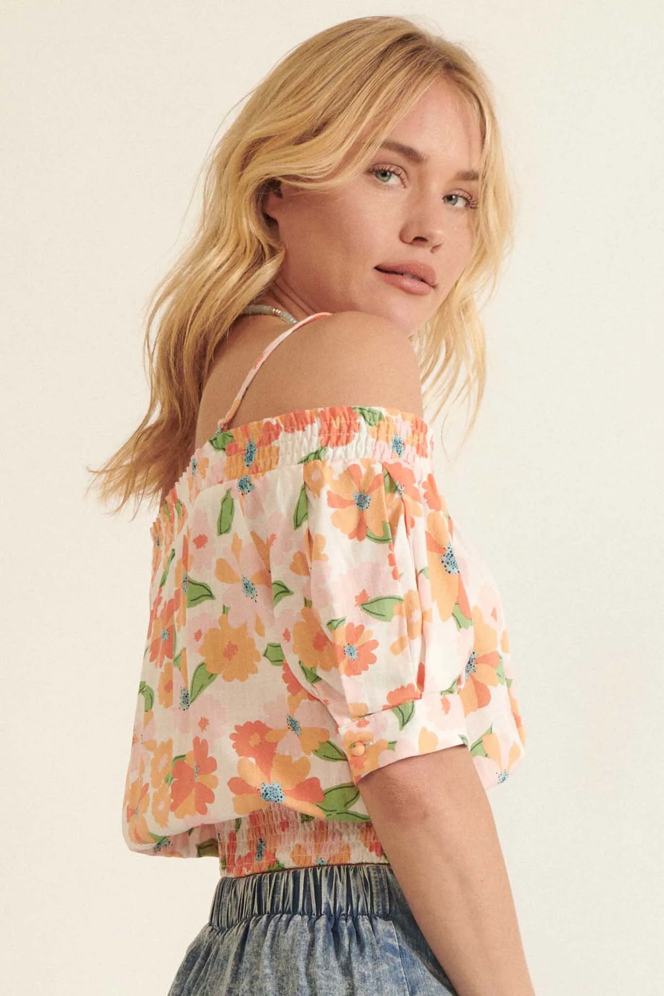 Bright Blooms Smocked Floral Cold Shoulder Top