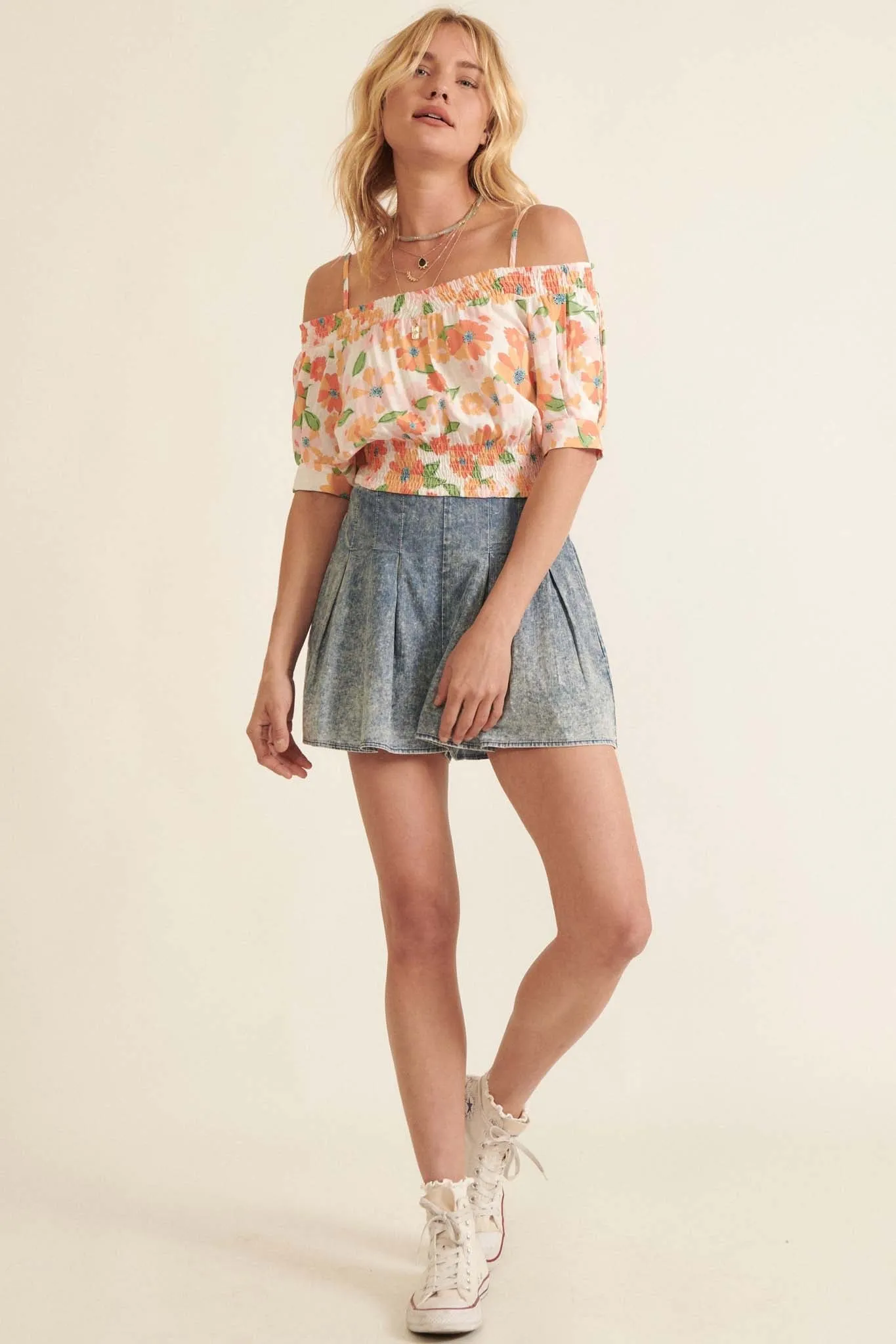 Bright Blooms Smocked Floral Cold Shoulder Top