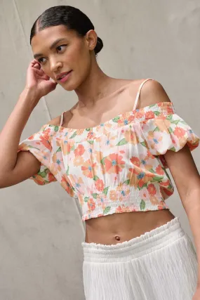 Bright Blooms Smocked Floral Cold Shoulder Top