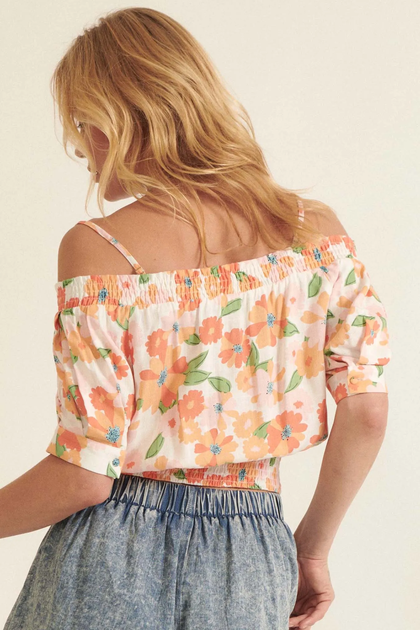 Bright Blooms Smocked Floral Cold Shoulder Top