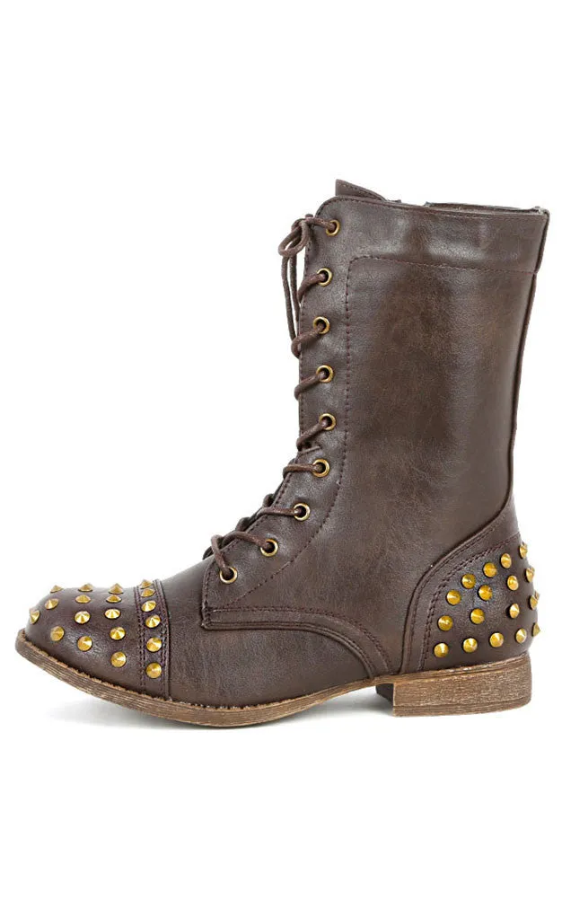 Brown Studded Military Inspired Lace Up Mid Calf Boot Libby02