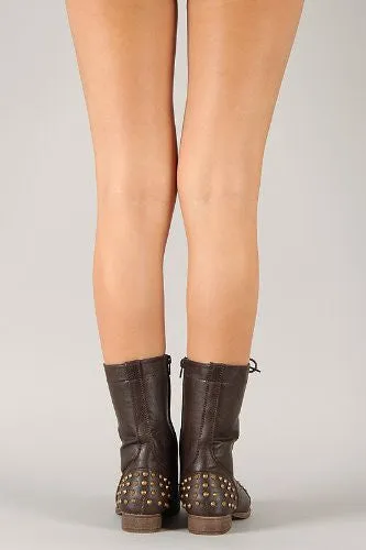 Brown Studded Military Inspired Lace Up Mid Calf Boot Libby02