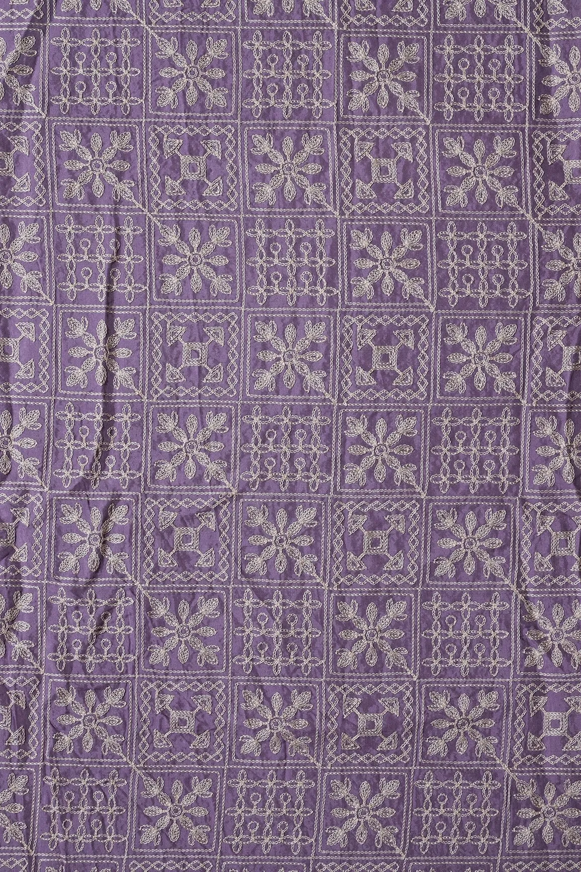 Cream Thread Geometric Embroidery Work On Lavender Viscose Muslin Silk Fabric