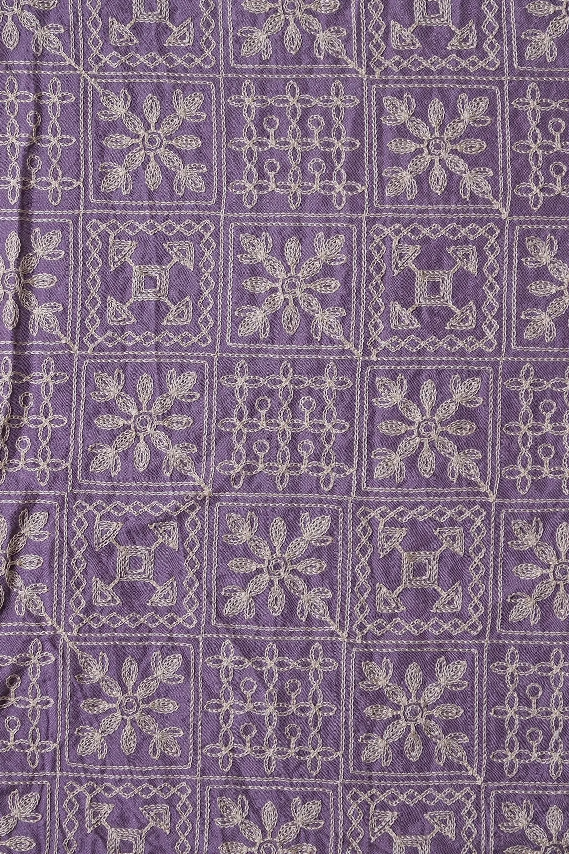 Cream Thread Geometric Embroidery Work On Lavender Viscose Muslin Silk Fabric